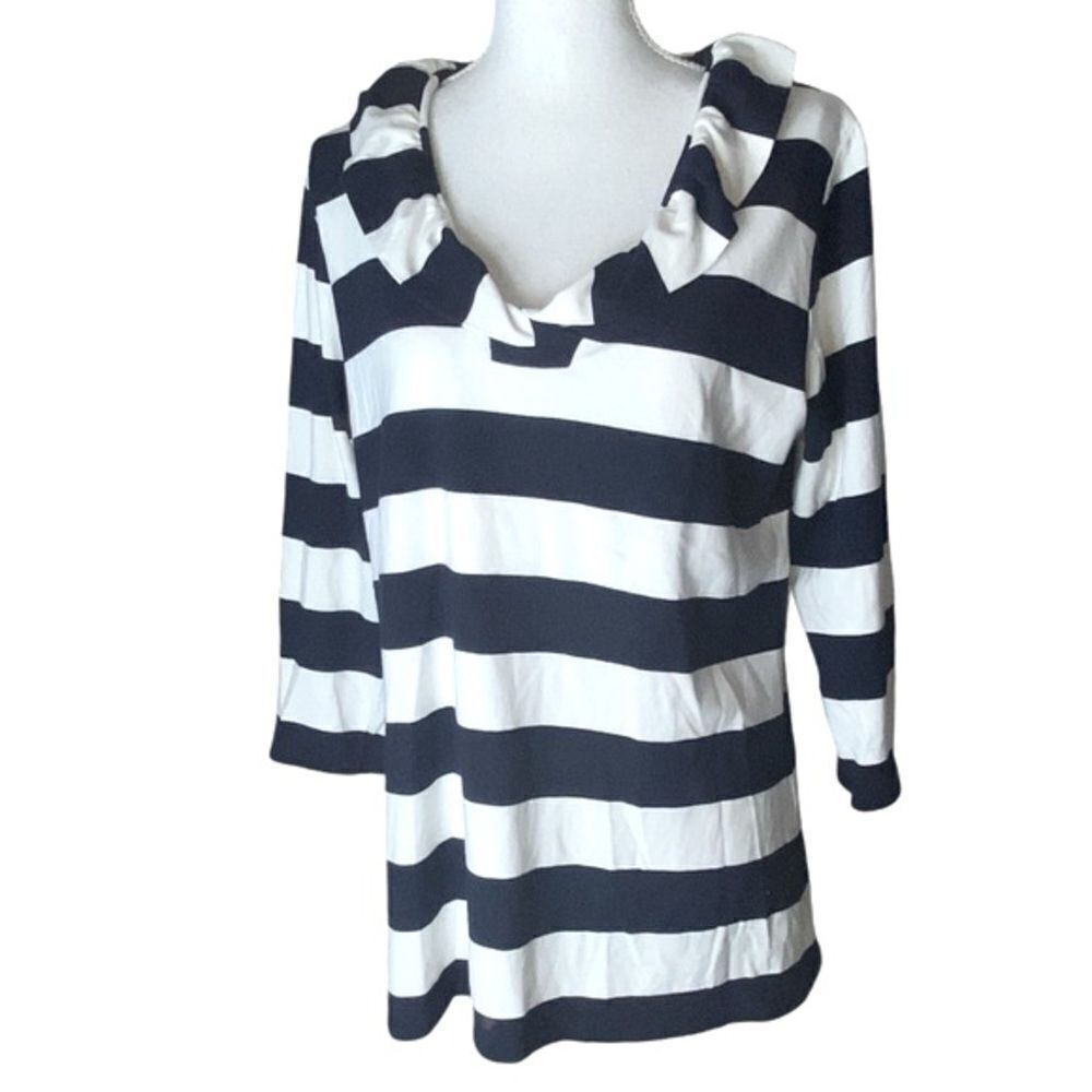 Duffield Lane Wm’s Sz L Ruffled Neck 3/4 Sleeve Blue Stripe V Neck Tunic Shirt